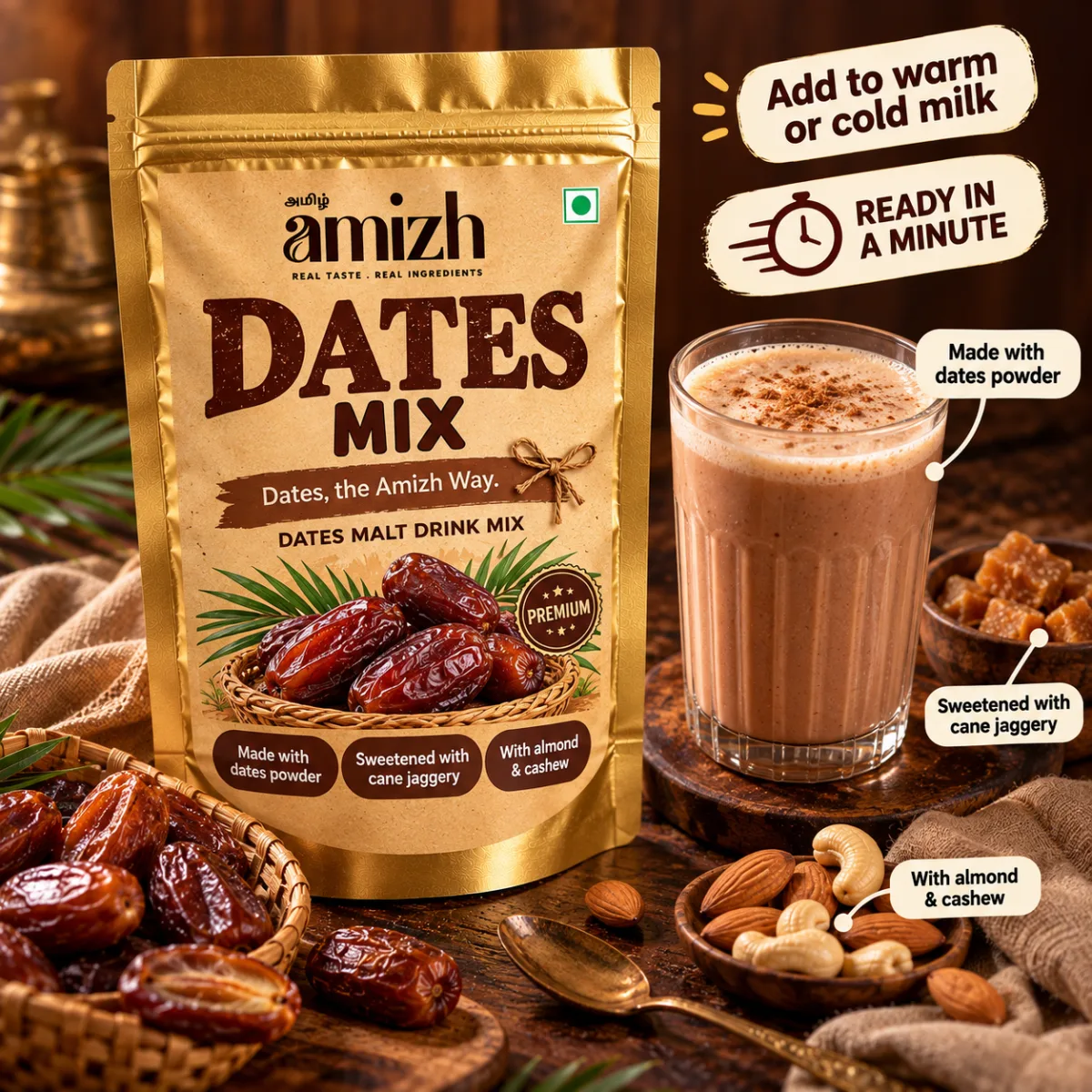 Badam malt powder in a glass jar with almonds and dates